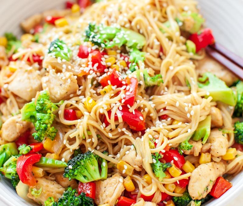 Noodle with teriyaki chicken and vegetables